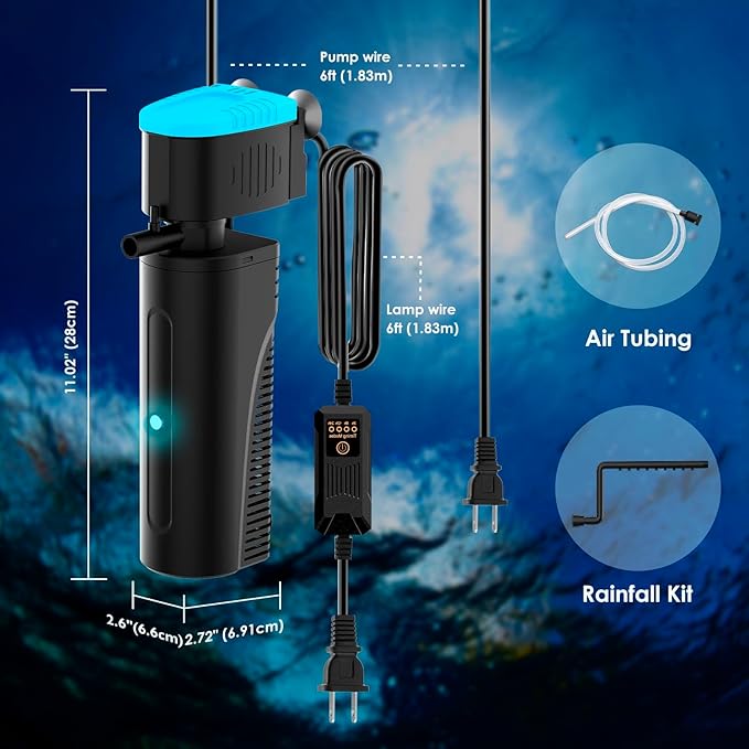U - V Aquarium Filter with Timer (3/6/12/24 Hours) for Green Water Cleaning, Fish Tank Filter with Aeration & Rainfall Mode, Turtle Filter with Efficient Filter Sponge for Tanks 60-150 Gallon