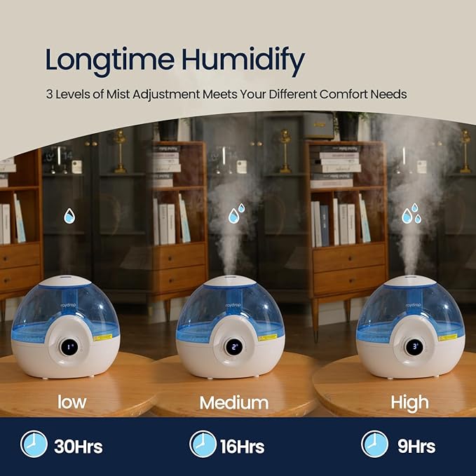 raydrop 2.2L Humidifiers for Bedroom, Cool Mist Humidifiers with Timer, Digital Knob, 26dB Quiet Small Humidifier for Baby, Nursery and Plants with Night Light, 30 Hours Runtime, Easy to Fill & Clean