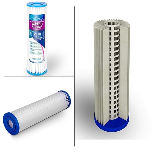 10 Inches Transparent Standard Whole House Water Filter System with Presser Relief Valve, 3/4β Inlet/Outlet Brass Port and Yearly Supply (4) Pleated Sediment Cartridges 5 Micron