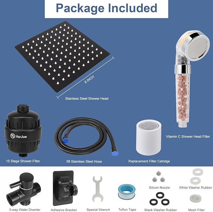 HarJue Filter Shower Head, High Pressure 8 Inch Rainfull with Filter Combo for Hard Water, Remove Chlorine Fluoride and Harmful Substances- 1 Replaceable Filter Cartridge (Square, Matte Black)