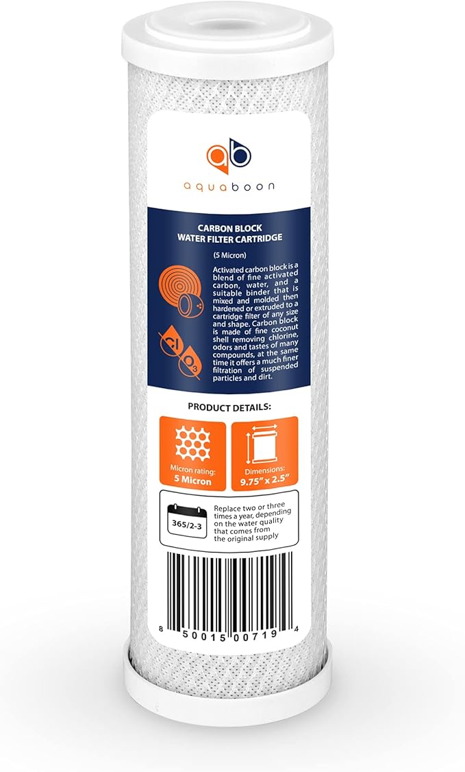 Aquaboon 5 Micron 10 x 2.5 Carbon Block Water Filter Cartridge CTO Whole House Water Filter Replacement Compatible with WHKF-WHWC, FXWTC, 4-PACK