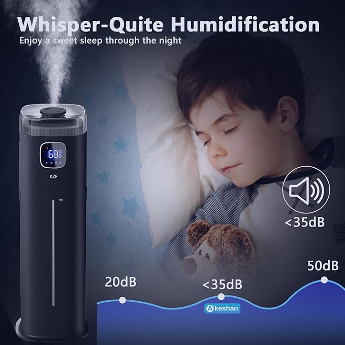 KZF Large Humidifier for Bedroom, 9L/2.5Gallon Ultrasonic Cool Mist Humidifier with Humidistat, 360°Nozzle, 350ML/H Big Mist Level, Suitable for Kids Room Livingroom Yoga Office Plant