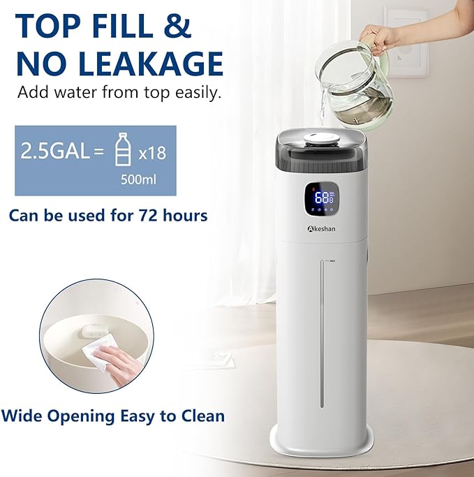 Large Humidifier for Bedroom, 9L/2.5Gal Ultrasonic Cool Mist, Easy Clean with 350ML/H Large Mist Speed, Remote control, Quiet Tower, Suitable for Kids Room Plant Yoga Study Room Office (White)