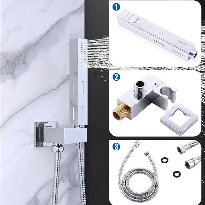 2 Settings Handheld Sprayer High-Pressure Shower Head with 59inch Flexible Hose, Square 2 in1 Model Solid Brass Adjustable Shower Wand Replacement Kit, Polished Chrome
