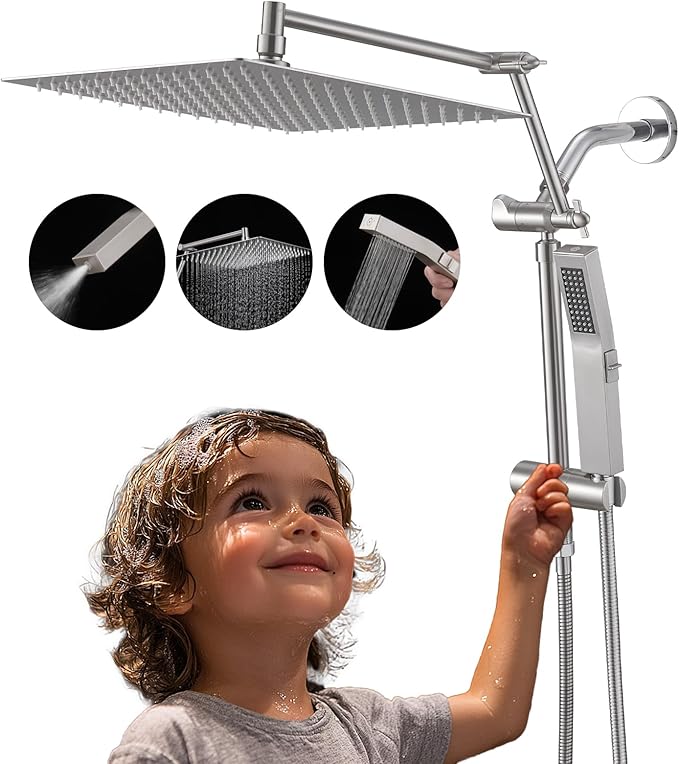 All Metal 10 Inch Rain Shower Head with Handheld Spray Combo, High Pressure Waterfall Rainfall Square Shower Heads with 16" Adjustable Extension Arm, Dual Showerhead with 3-Way Diverter,Brushed Nickel