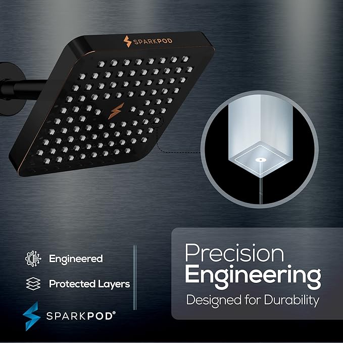 SparkPod Shower Head - High Pressure Rain - Premium Quality Luxury Design - 1-Min Install - Easy Clean Adjustable Replacement for Your Bathroom Shower Heads (Vintage Oil Rubbed Bronze, 6 Inch Square)