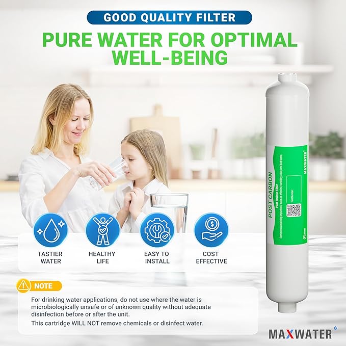 10" 5 Micron Inline Post Activated Carbon Water Filter Replacement Cartridge, 1/4"NPT Ports for Refrigerator, Ice Maker, RO Replacement for HX-ICF-10/3, FLTIN01PKQ, FT15, ICF-10Q/3-4 Pack