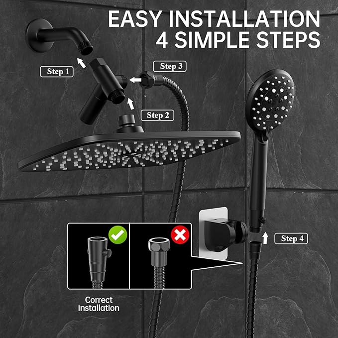 Veken 11.8 Inch Rain Shower Head with Handheld- High Pressure Dual Shower Heads with 5 Modes Handheld Spray Combo- Wide Rainfall Showerhead with Hose, Bathroom Accessories, Matte Black