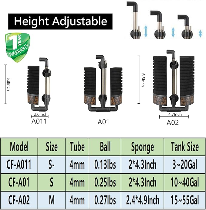 Carefree Fish Aquarium Filter Sponge Fish Tank Quiet Bubble Filter with 4 Sponges and 1 Bag of Filtered Ceramic Balls for Salt Water and Fresh Water(not Included Air Pump)