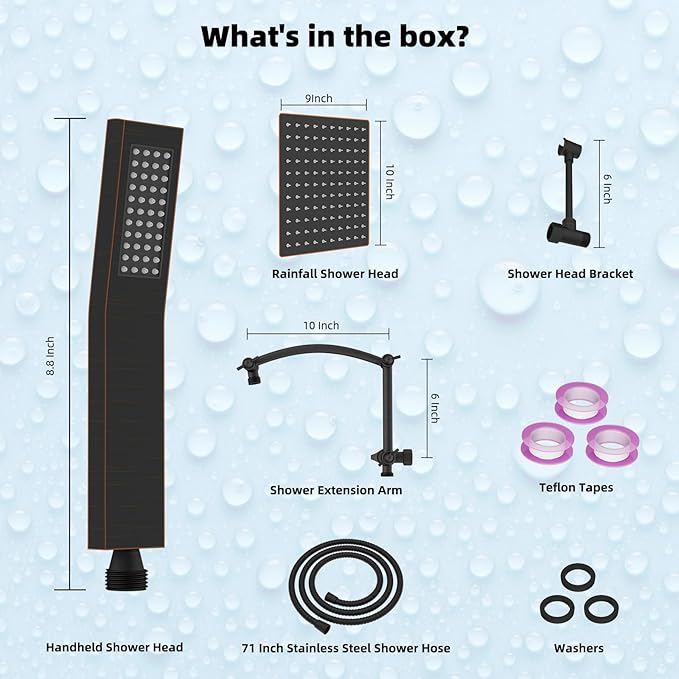 Hibbent All Metal 10'' Rainfall Shower Head, Shower Head Combo, High Pressure Handheld Shower Wand, 16'' Adjustable Arc-shaped Shower Extension Arm, 71'' Hose, Showerhead Holder, Oil Rubbed Bronze