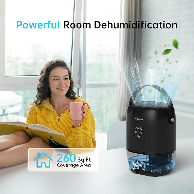 PHILODECO 280 Sq. Ft 35 OZ Dehumidifier, Portable Small Dehumidifiers for Bedroom, Bathroom, Basement,RV with CO mode, Sleep mode, Auto Shut Off, 7 Colorful Lights, Black