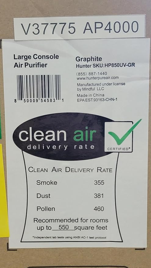 Hunter HP850 Air Purifiers for Home Large Room and Bedroom. True HEPA Air Purifier for Pets, Odors, Allergens, Smoke, Dust. UV Value Bundle w/Extra Filter, Cleans 2585 Ft² per hour. Black