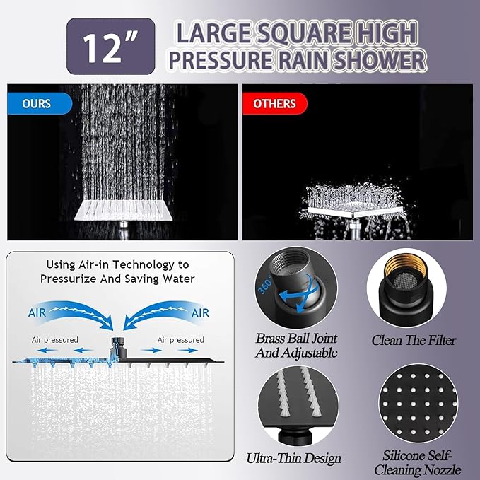 12" High Pressure Square Rain Shower Head and 2-in-1 Hand Shower, Rainfall Showerhead with 13" Shower Arm, Equipped with 78" Hose, Adhesive Shower Head Holder (Square Shower Head Set Black)