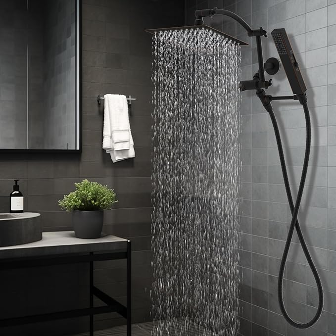 Hibbent All Metal 8'' Rainfall Shower Head, Shower Head Combo, High Pressure Handheld Shower Wand, 4 Sprays, 16'' Adjustable Arc-shaped Extension Arm, 71'' Hose, Showerhead Holder, Oil Rubbed Bronze