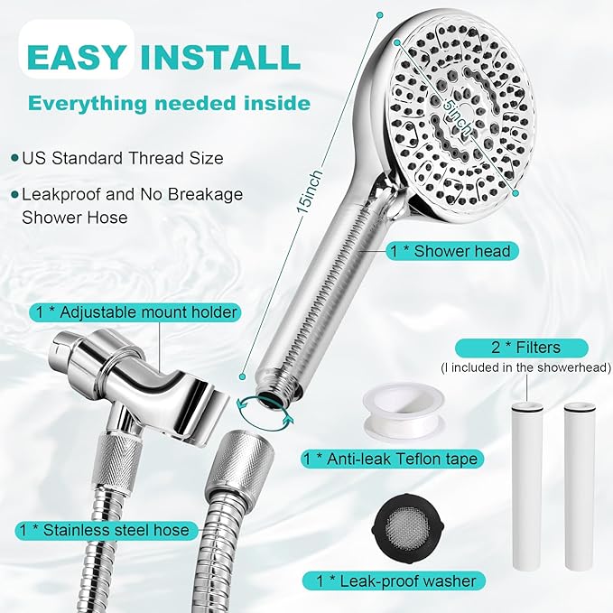 Filtered Shower Head with Handheld, 8+2 Modes High Pressure with Multi-Stage Filter Beads for Hard Water - Gentle on Skin & Hair, Long Stainless Steel Hose, Overhead Brackets, G1/2 Universal (Chrome)