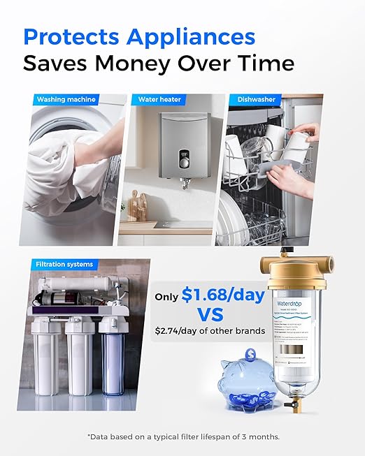 Waterdrop Mega Spin Down Sediment Filter, Reusable Whole House Water Filter System, 100+5 Micron Pleated PP Filter Sediment Water Filter with Bypass for City Water, 1" MNPT + 3/4" FNPT, BPA Free