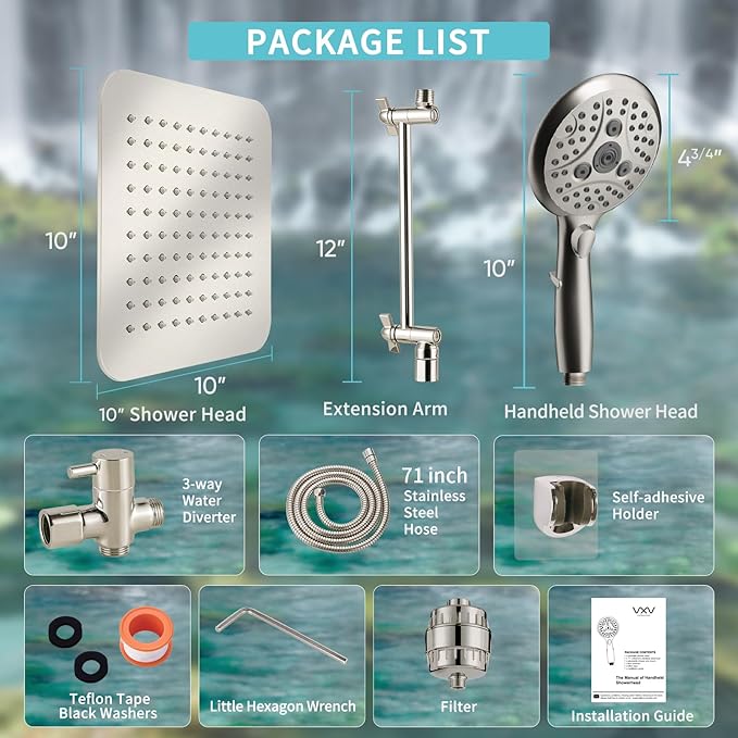 10'' Dual 20 Stage Filtered Shower Head with Handheld, 6 Spray Settings Handheld Shower Head High Pressure Rainfall Filter Combo with 12'' Adjustable Extension Arm, 71'' Shower Hose (Brushed Nickel)