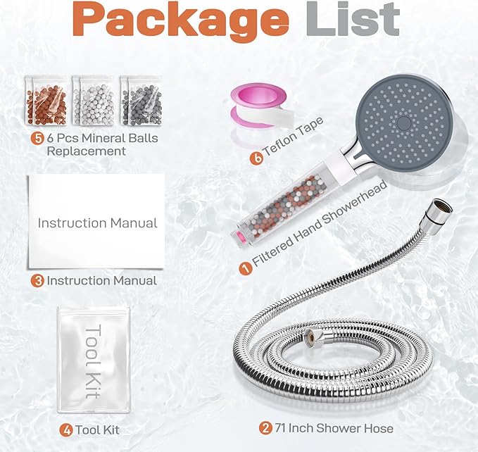 YDmeet Filtered Handheld Shower Head with Long Metal Hose Set, 3-Mode Spray Setting, Extra 6 Packs Replacement Mineral Balls for Refills, Chrome