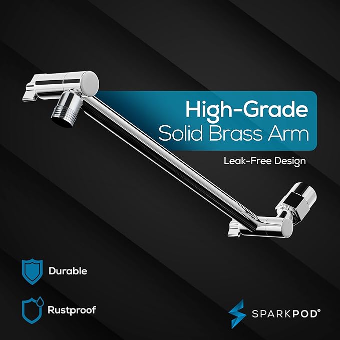 SparkPod Square Rain Shower Head with Shower Head Extension Arm - High Pressure Rain - Luxury Modern Look - No Hassle Tool-less 1-Min Installation (11" Shower Arm Extension, Luxury Polished Chrome)