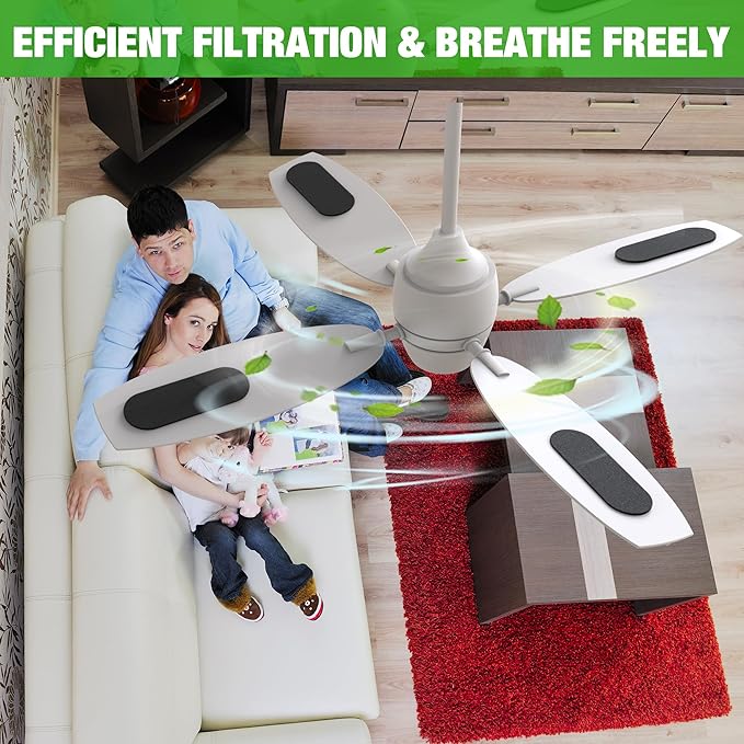 HOMAR 12 pack Ceiling Fan Filters for Blades Activated Coconut Shell Carbon Ceiling Fan Air Filters for Household Contaminants Easy-Stick & Universal Fit Fan Air Purifier Pads