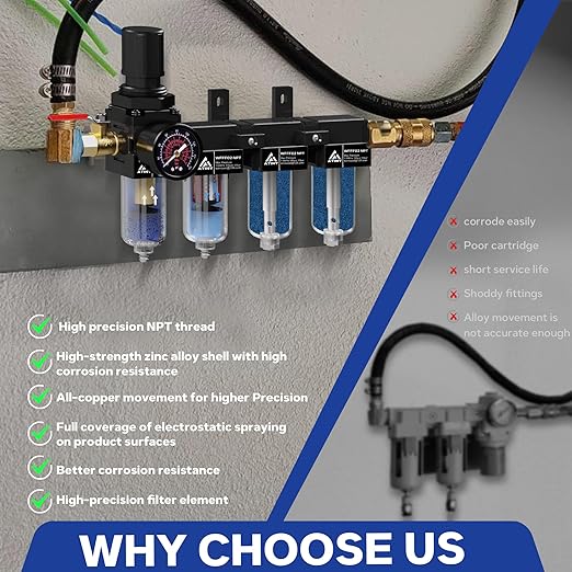 1/4 Inch NPT 4 Stage Air Compressor Dryer System,Air Drying System Brass Filter&Coalescing Filter,Double Desiccant Dryers & Air Regulator, Semi-Auto Drain(Black)