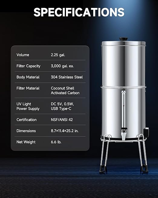 CO-Z Gravity-Fed Water Filter System, 2.25 gal UV Countertop Water Filtration System, Stainless Steel Water Purifier with 2 Carbon Filters, Water Level Spigot, Chamber Stand, NSF/ANSI 42 Certification