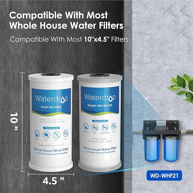 Waterdrop Whole House Water Filter, Carbon Filter, Reduce Iron & Manganese Filter Cartridge, Replacement for GE GXWH40L, FXHTC, Ispring, Culligan® RFC-BBSA, Whirlpool®, Any 10" x 4.5" System, 5 Micron