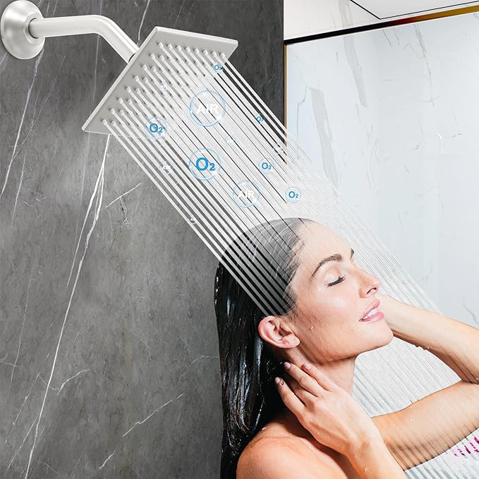 6 Inch Square Shower Head Stainless Steel High Pressure Rain Shower Heads with Extension Arm Adjustable Angle Replacement Shower Head for Modern Bathroom (Square, Brushed Nickel)