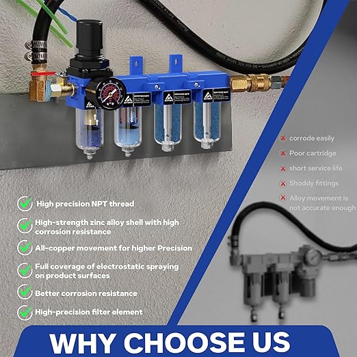 1/4'' NPT Compressed Air Dryer, 4 Stage Air Drying System,Brass Filter, Coalescing Filter,Double Desiccant Dryers & Air Regulator,Metal Bowl, Semi-Auto Drain,Industrial Grade-Blue