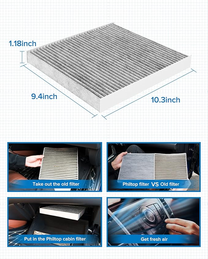 PHILTOP Cabin Air Filter, Replacement for Air Filter Durango 2011-2021, Grand Cherokee 2011-2021, Premium ACF037(CF11183) Cabin Filter with Activated Carbon Clean Airflow, Filter Up Dust Pollen