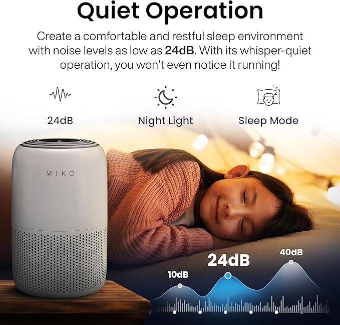 MIKO Air Purifier for Bedroom with 3-in-1 HEPA Filter & Sleep Mode, Whisper Quiet, Covers Up to 1200 ft, Smart Wi-Fi App Control - Removes Smoke, Allergens, Pets Hair, Dust, Odors, Pollutants