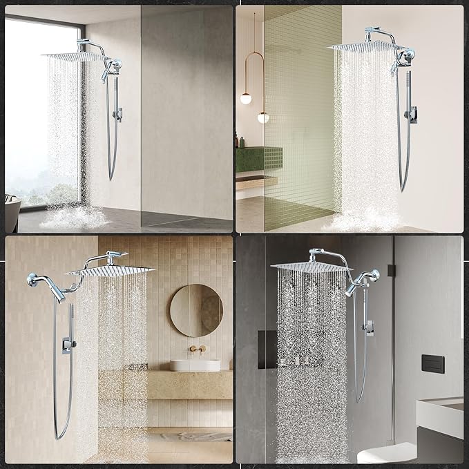 HOPOPRO 10” All Metal Rainfall Shower Head Combo with Handheld Spray, High Pressure Showerhead Combination, Adjustable Dual Showerheads with Extension Arm, Full-Body Coverage Shower Experience, Silver