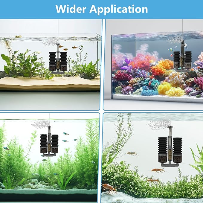 AQQA Aquarium Filter, Dual Sponge Fish Tank Filters (No Pump),Multi-Stage Filtration Clean Water, Adjustable 360°Water Outlet, Air-Driven Dissolved Oxygen,Suitable for Freshwater and Saltwater S