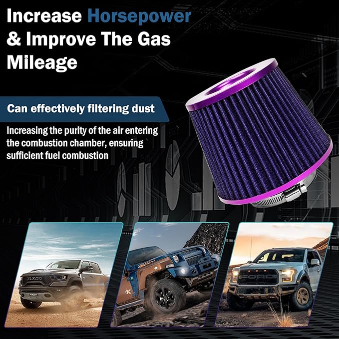 Universal Clamp-On Air Intake Filter, High Performance, Washable Filter, Replacement Air Filter, Flange Diameter 3inch/76mm (Purple)