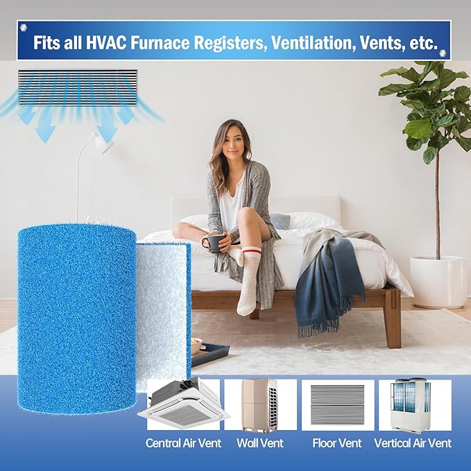 MERV 8 Triple Air Vent Filter, 12"X120" Cut to Size Air Filter Material, Blue & White Electrostatic Vent Filter Kit for Home Floor, Ceiling, Grilles, HVAC Vent, Compression Packing