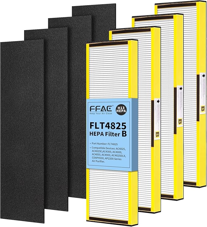 4 Pack FLT4825 Replacement Filter Compatible with GermGuardian AC4825 Air Purifier and AC4825E AC4850 AC4300 AC4800 AC4900 Air Purifiers, 4 HEPA FLT4825 Filters + 4 Pre-filters