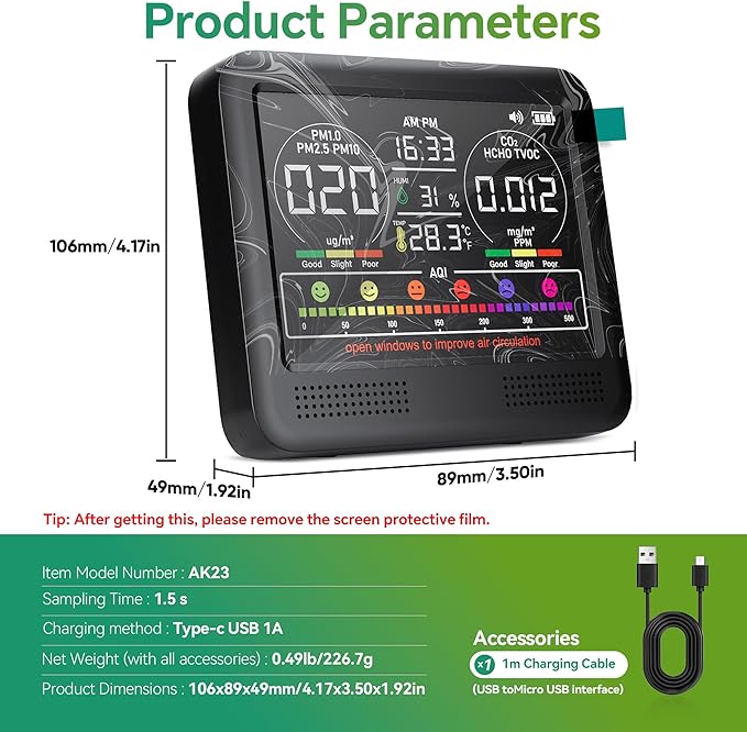 16-in-1 Air Quality Monitor Indoor with 7AQI Beep Alarm, CO2 Monitor, Air Quality Detector with PM1.0 | PM2.5 | PM10 | Temp | HUM | Formaldehyde | VOC Tester for Home Office Plant (Black)