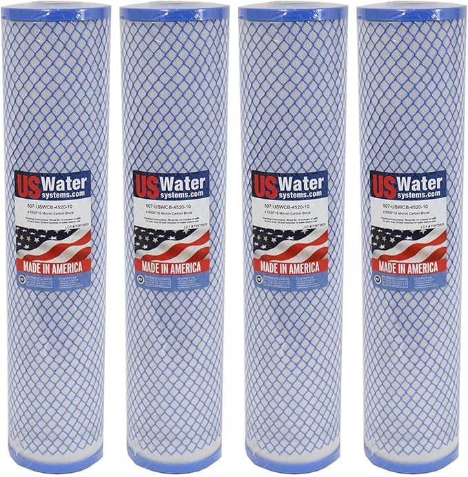 US Water Systems Carbon Water Filter 20 x 4.5, Whole House Water Filter Cartridge 10 Micron, Removes Contaminants for Superior Taste and Odor Removal, Made in the USA - Pack of 4