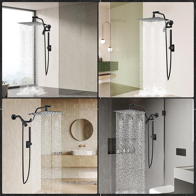 HOPOPRO 10” All Metal Rainfall Shower Head Combo with Handheld Spray, High Pressure Showerhead Combination, Adjustable Dual Showerheads with Extension Arm, Full-Body Coverage Shower Experience, Black
