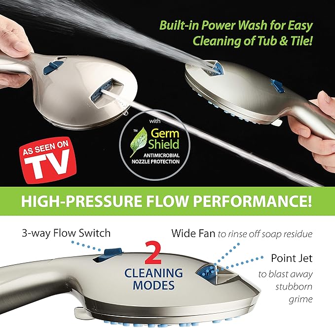 Hotel Spa AquaCare As-Seen-On-TV High Pressure 50-mode Rain & Handheld 3-way Shower Head Combo - Anti-clog Nozzles/Tub, Tile & Pet Power Wash/Extra Long 6 ft. Stainless Steel Hose/Nickel Finish