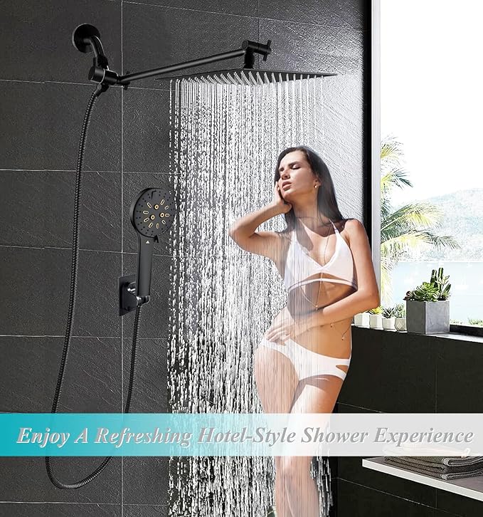 Shower Head, 10" High Pressure Black Rainfall Shower Head with Handheld Spray Combo, 6 Settings Handheld with 78" Anti-leak Hose, 11" Adjustable Extension Arm, Ultra Thin Water Saving, AWAXFOLO