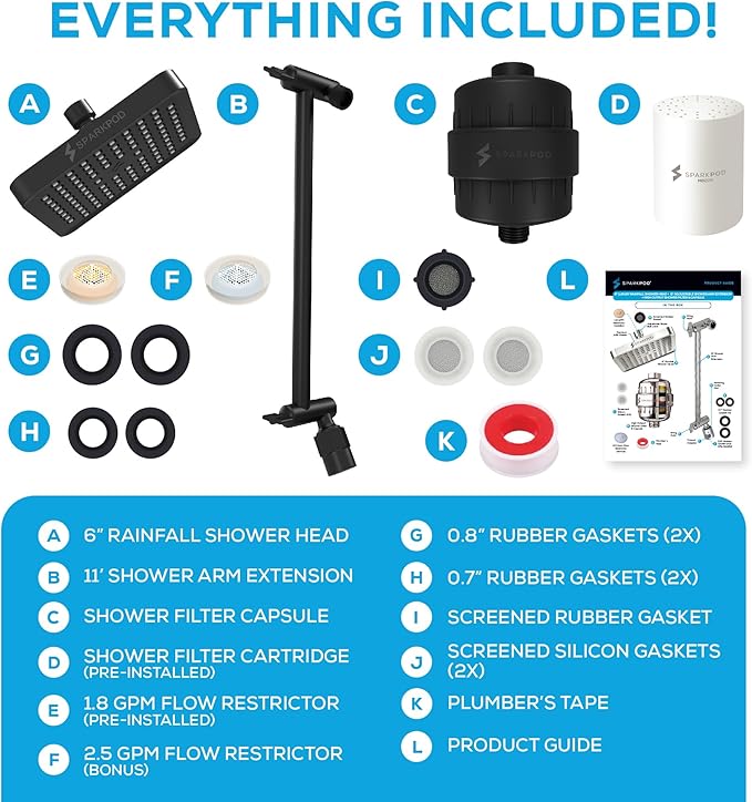 SparkPod 6" High Pressure Rain Shower Head with 23 Stage Filter Capsule & 11 Inch Adjustable Shower Arm Extension - Shower Filter Reduces Chlorine for Smoother Hair & Skin (Square, Black Matte)