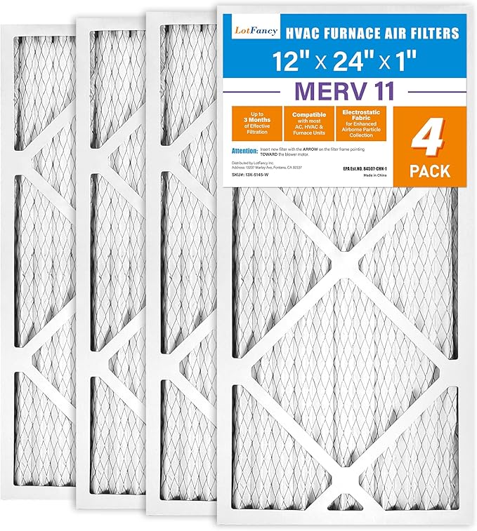 LotFancy 12x24x1 Air Filter MERV 11 Pet Smoke Allergens Defense (4-Pack) Pleated HVAC Furnace Air Filters, Replacement for Home AC & Heating Systems, Actual Size: 11.75" x 23.75" x 0.75"