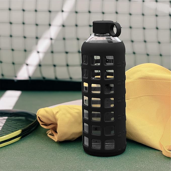 purifyou 40oz / 32oz / 22oz / 12oz Borosilicate Glass Water Bottle with Time & Volume Markers, Silicone Sleeve, Stainless Steel Lid | Reusable Glass Bottle for Water & Juice (32oz Jet Black)