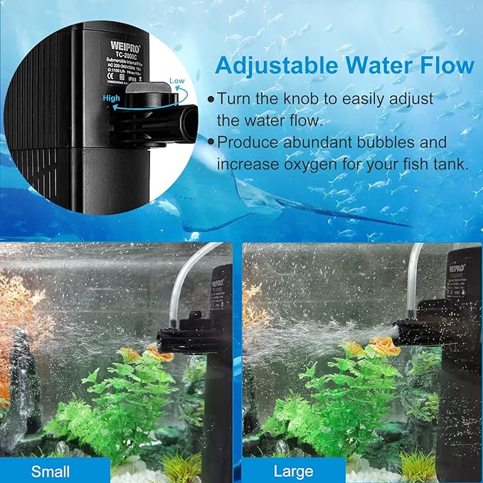 Internal Fish Tank Filter with 4-Stage Biochemical Sponge Filtration, 18W Adjustable Water Flow Submersible Aquarium Filter Pump for 40 ~ 80 Gal Freshwater or 35 ~ 50 Gal Saltwater, TC-2000C(290GPH)