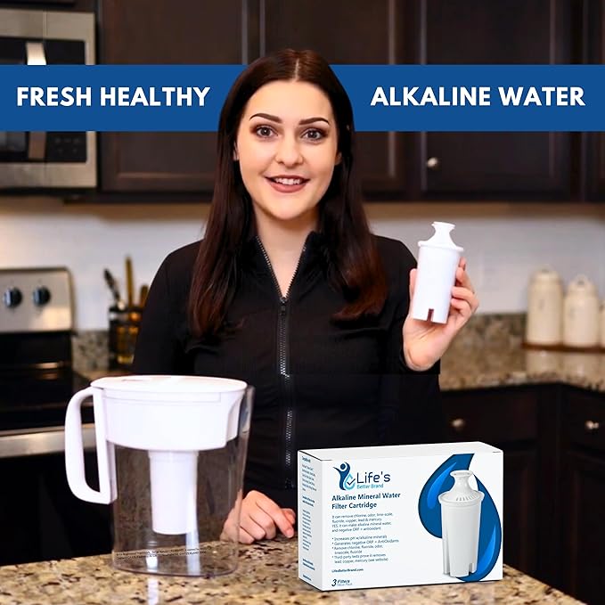 Alkaline Brita Water Filter Replacement - Compatible Alkaline Pitcher Filter - Enhances Taste and pH Level - Pack of 3