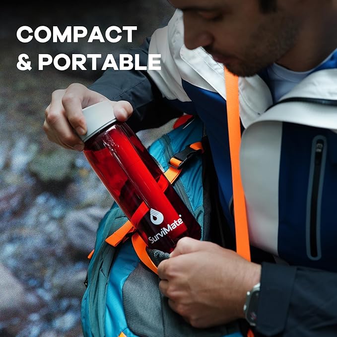 Survimate 5-Stage 0.01μm Ultra-Filtration Filtered Water Bottle, BPA-Free Material, NSF/ANSI 42&372 Certified, Portable Water Filter Bottle for Survival, Camping, Hiking, and Emergency Use