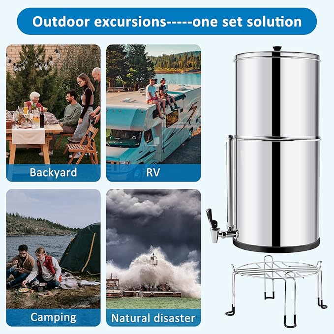 2.25 Gallon Stainless Steel Gravity-fed Water Filter System with Black Activated Carbon Filter and Fluoride Filters for Home, Camping, Travel, Outdoor Adventures and Emergencies - 2 Year Warranty