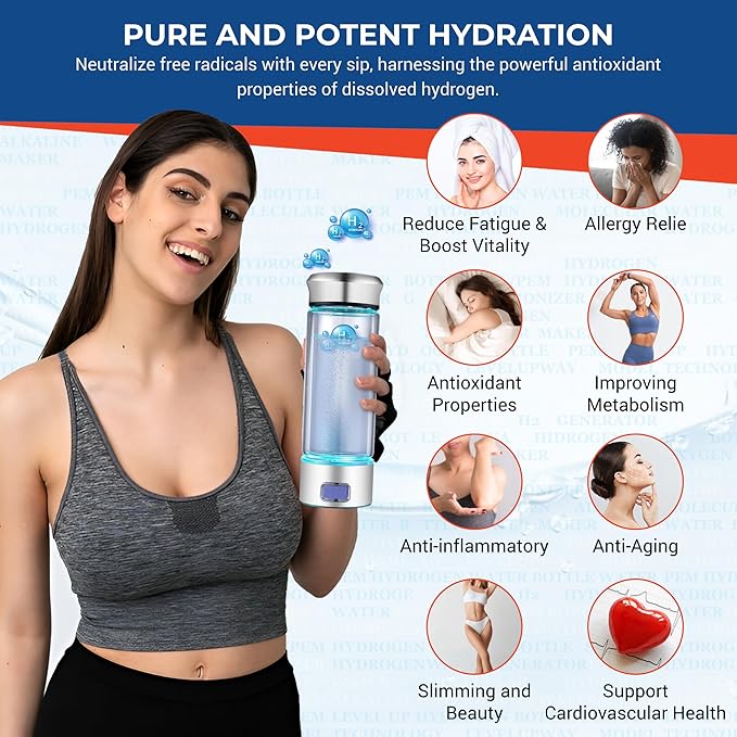 LevelUpWay - Hydrogen Water Bottle Up to 4000PPB SPE PEM Technology Water Ionizer (Borosilicate Glass, Silver)