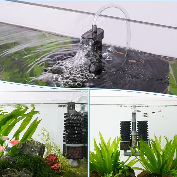 AQQA Aquarium Filter, Dual Sponge Fish Tank Filters(No Pump, Multi-Stage Filtration Clean Water, Adjustable 360°Water Outlet, Air-Driven Dissolved Oxygen,Suitable for Freshwater and Saltwater M